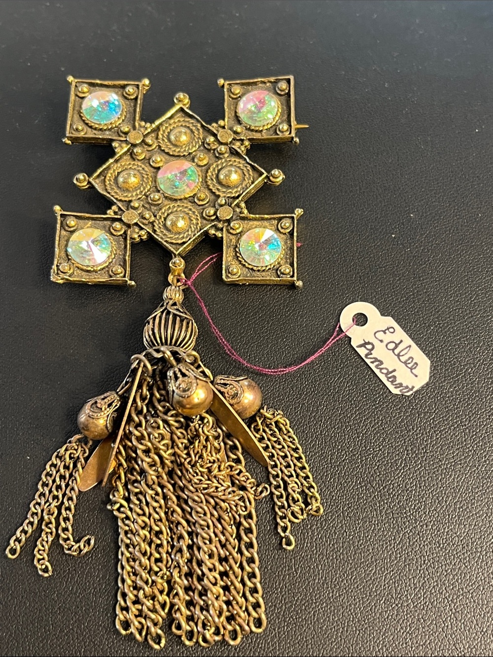 Edlee Unique Bronze Tassel Brooch with Iridescent Stones. Rare Vintage Find.
